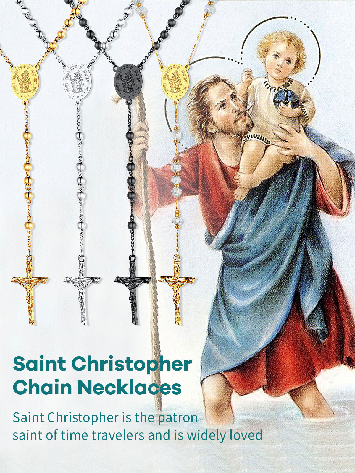 Rosary Beads Cross Necklace of Saint Christopher
