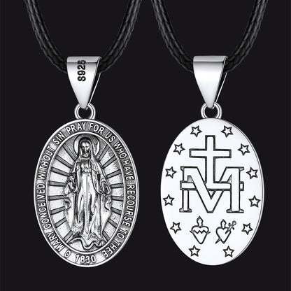 Sterling Silver Virgin Mary Necklace Medallion With Leather Chain