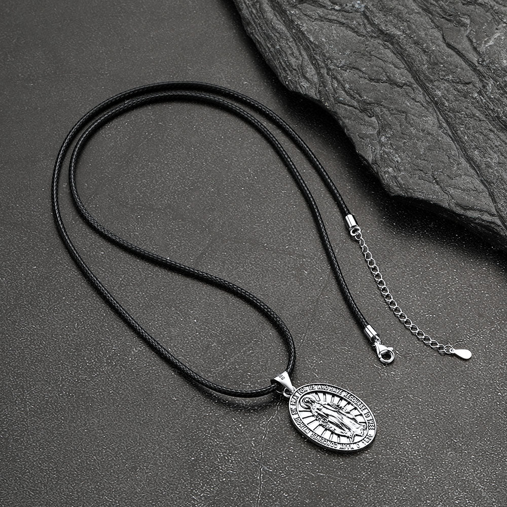 Sterling Silver Virgin Mary Necklace Medallion With Leather Chain