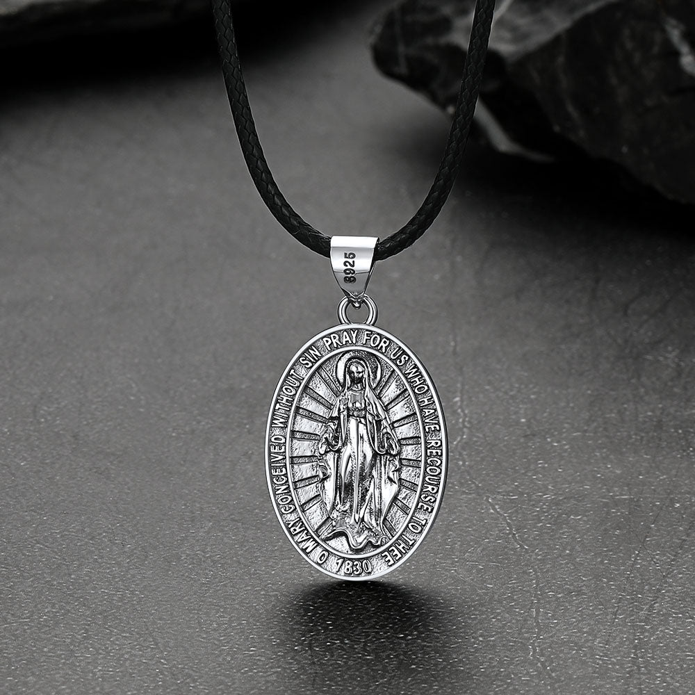 Sterling Silver Virgin Mary Necklace Medallion With Leather Chain