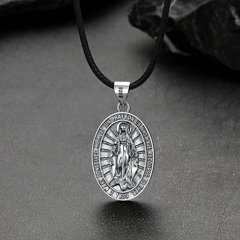 Sterling Silver Virgin Mary Necklace Medallion With Leather Chain