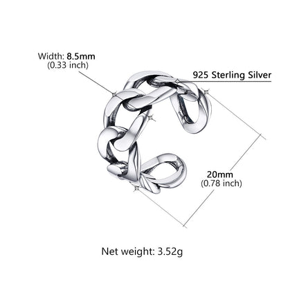 925 Sterling Silver Cuban Chain Open Adjustable Ring for