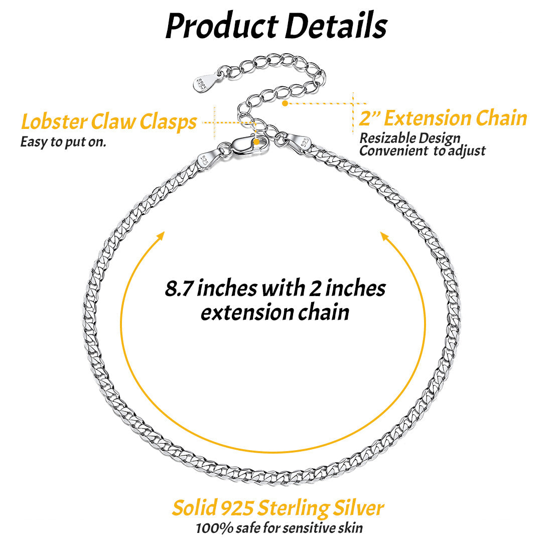 3mm Sterling Silver Cuaba Chain Anklet for