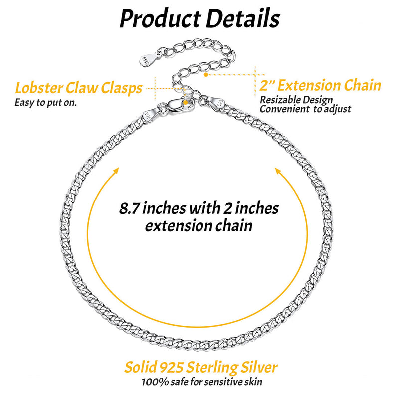 3mm Sterling Silver Cuaba Chain Anklet for