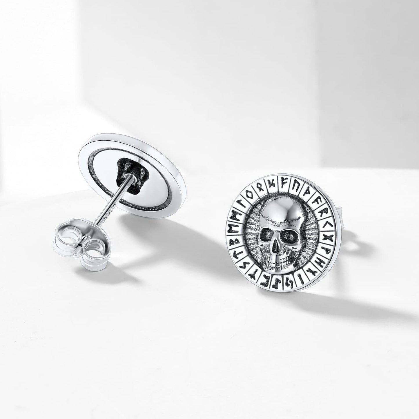 Sterling Silver Runes Skull Earrings Studs for