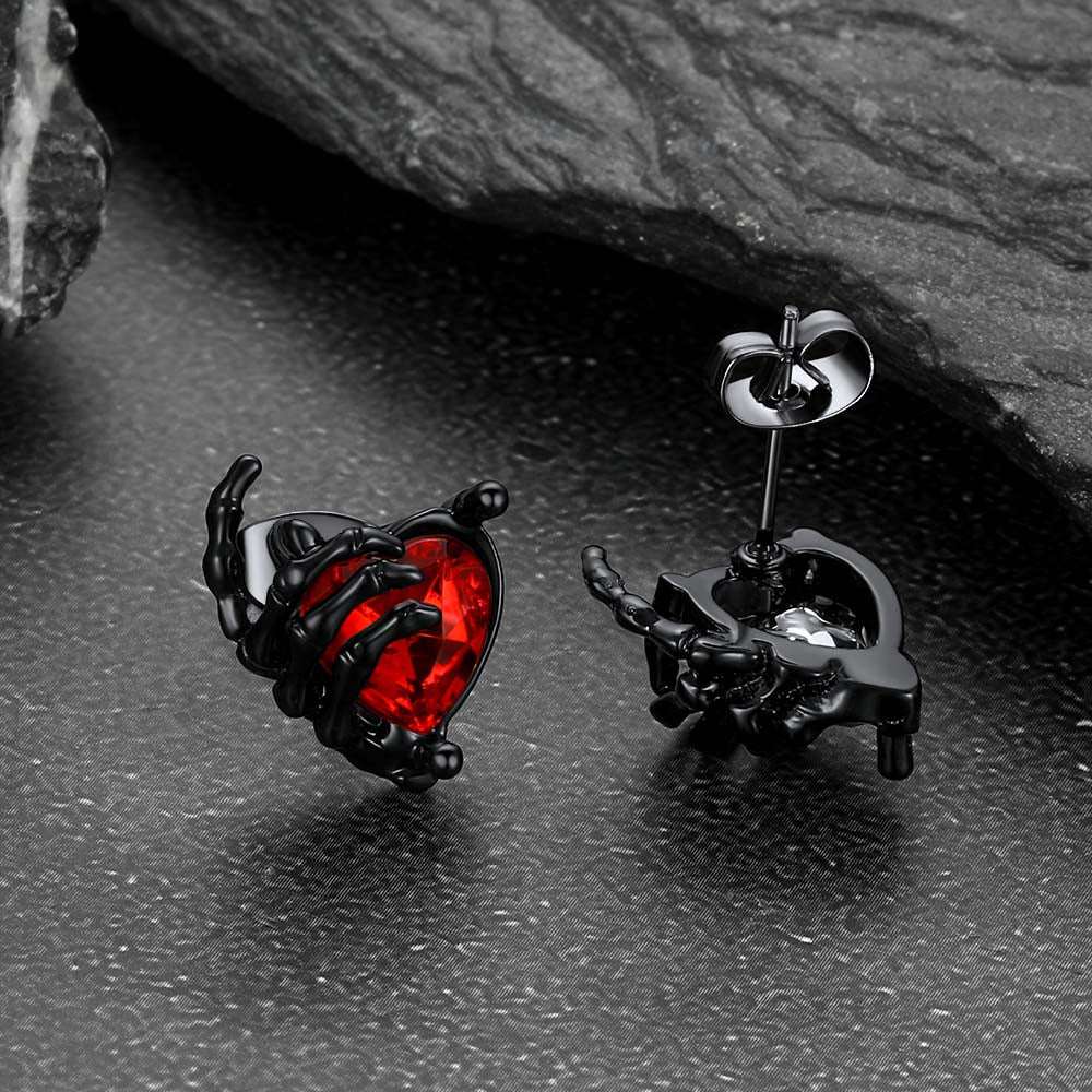 Gothic Black Ruby Heart Skull Hand Stud Earrings for