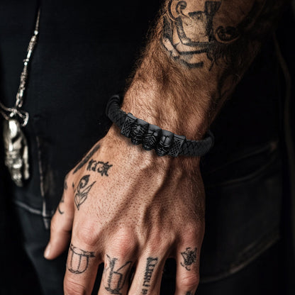 Gothic 3 Skull Braided Leather Bracelet Gift for Father Son Grandson