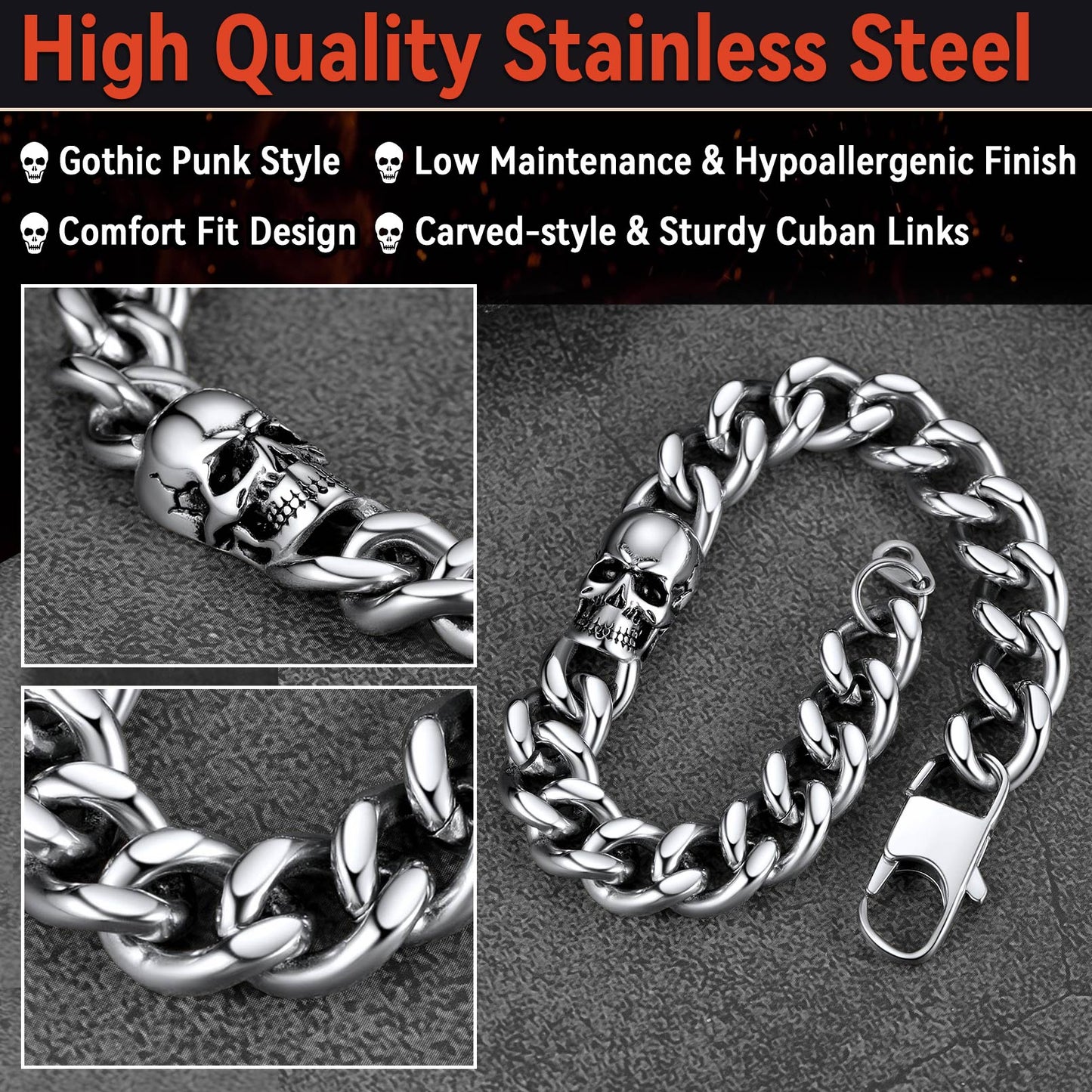 Gothic Heavy Cuban Chain Skull Bracelet for in Stainless Steel
