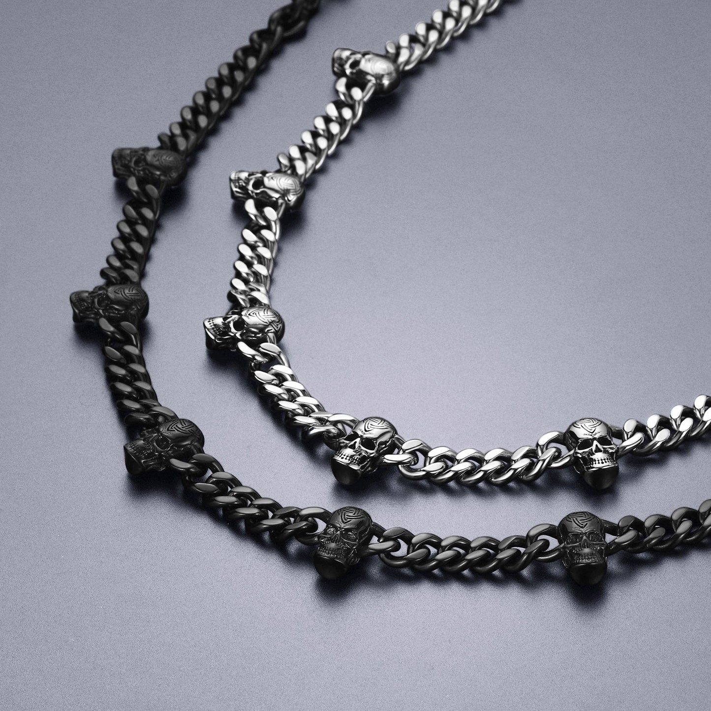 Gothic Skull Cuban Chain & Cross Layered Pendant Set for
