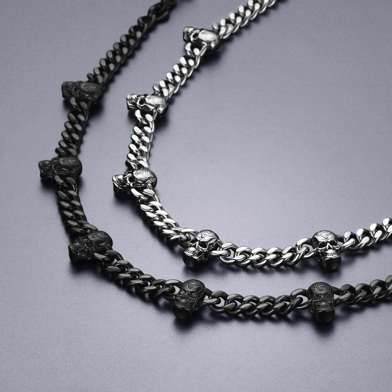 Gothic Skull Cuban Chain & Cornicello Italian Horn Layered Pendant Set for
