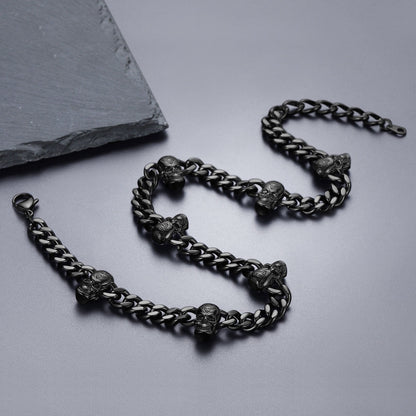 Gothic Skull Cuban Chain & Cornicello Italian Horn Layered Pendant Set for