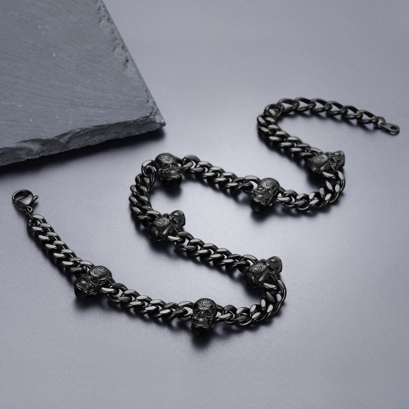 Gothic Skull Cuban Chain & Cornicello Italian Horn Layered Pendant Set for