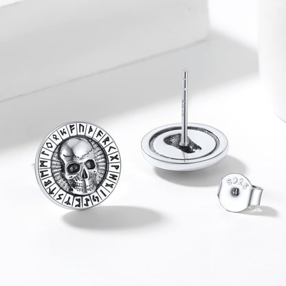 Sterling Silver Runes Skull Earrings Studs for