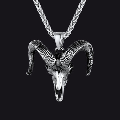 Satanic Goat Skull Head Necklace With Invert Pentagram