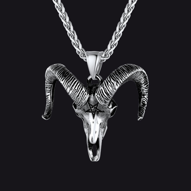Satanic Goat Skull Head Necklace With Invert Pentagram
