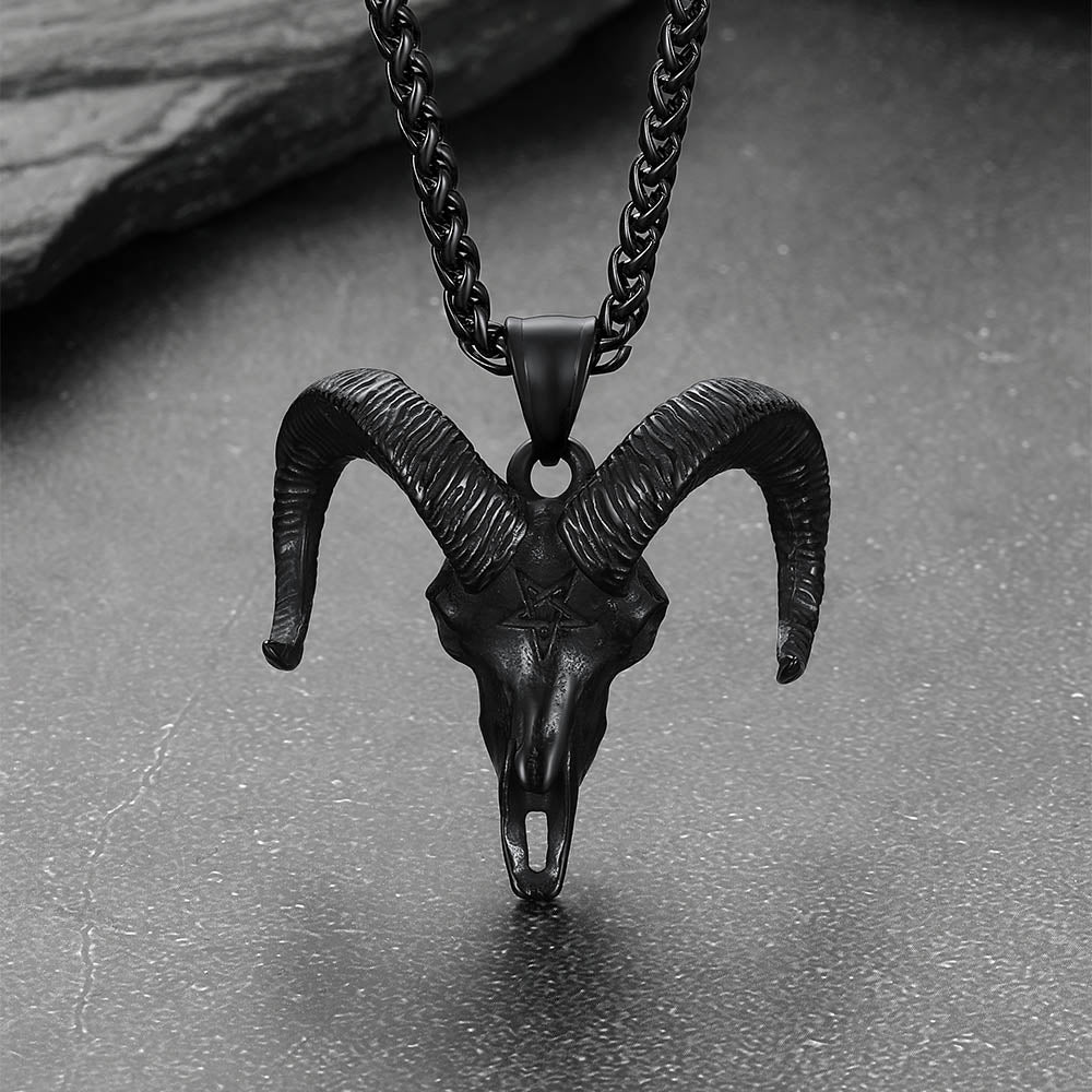 Satanic Goat Skull Head Necklace With Invert Pentagram