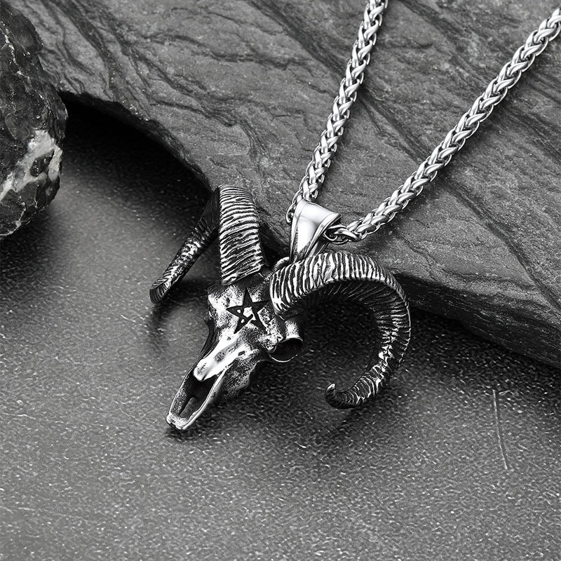 Satanic Goat Skull Head Necklace With Invert Pentagram