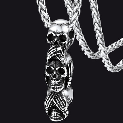 See No Evil, Hear No Evil, Speak No Evil Skull Necklace for