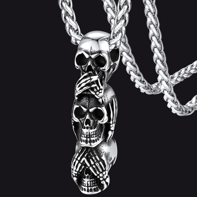 See No Evil, Hear No Evil, Speak No Evil Skull Necklace for