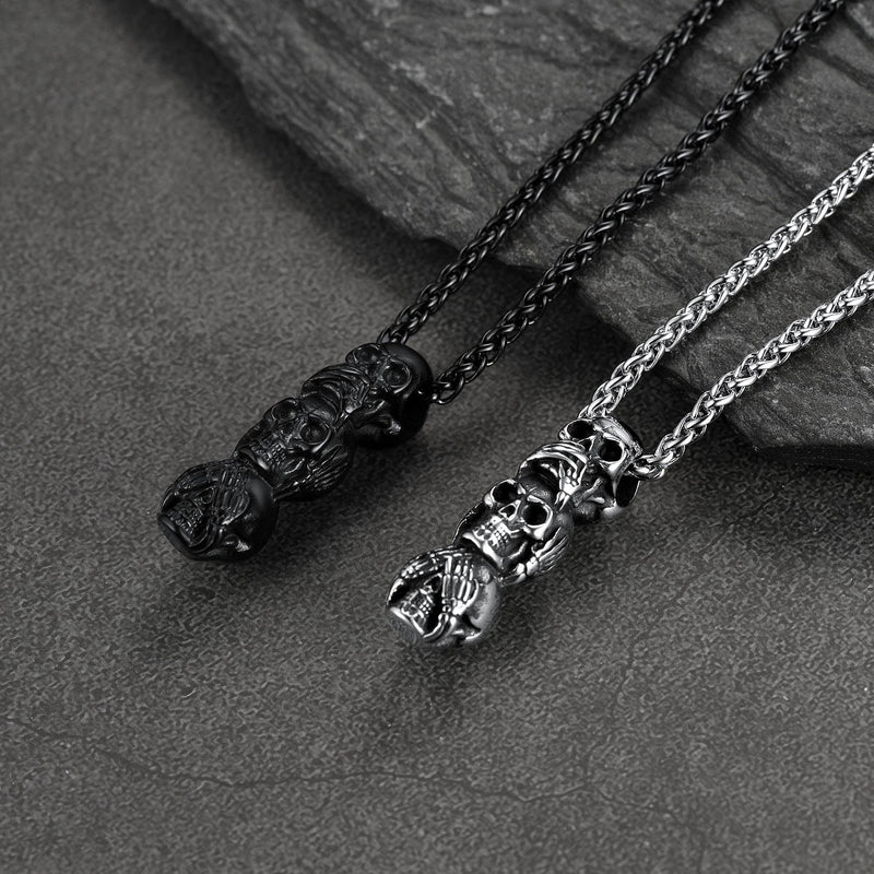 See No Evil, Hear No Evil, Speak No Evil Skull Necklace for