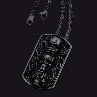 See No Evil, Hear No Evil, Speak No Evil Skulls Dog Tag Necklace for