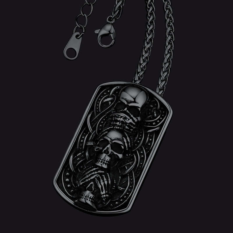 See No Evil, Hear No Evil, Speak No Evil Skulls Dog Tag Necklace for