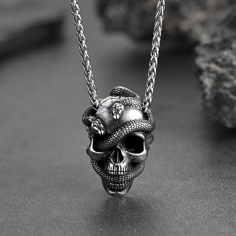Gothic Snake Skull Pendant Necklace for
