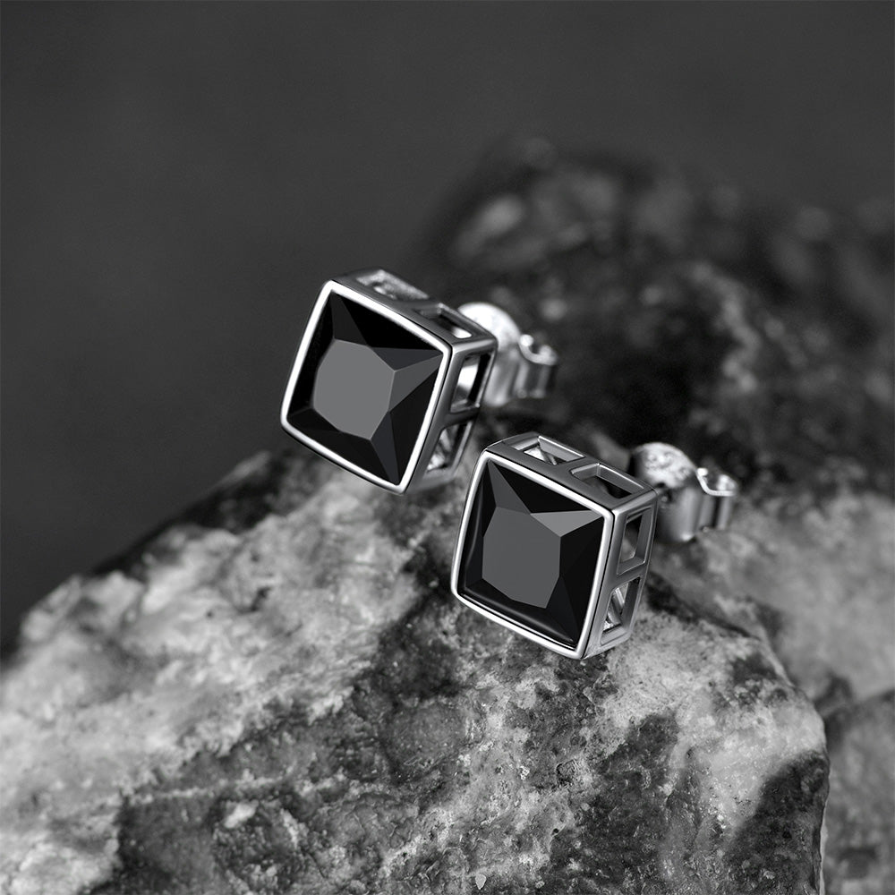 Flash Sterling Silver Square Black Onyx Stud Earrings for