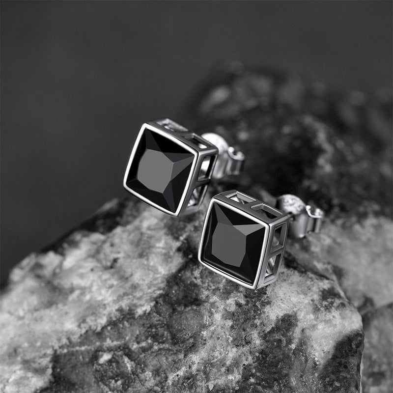 Flash Sterling Silver Square Black Onyx Stud Earrings for