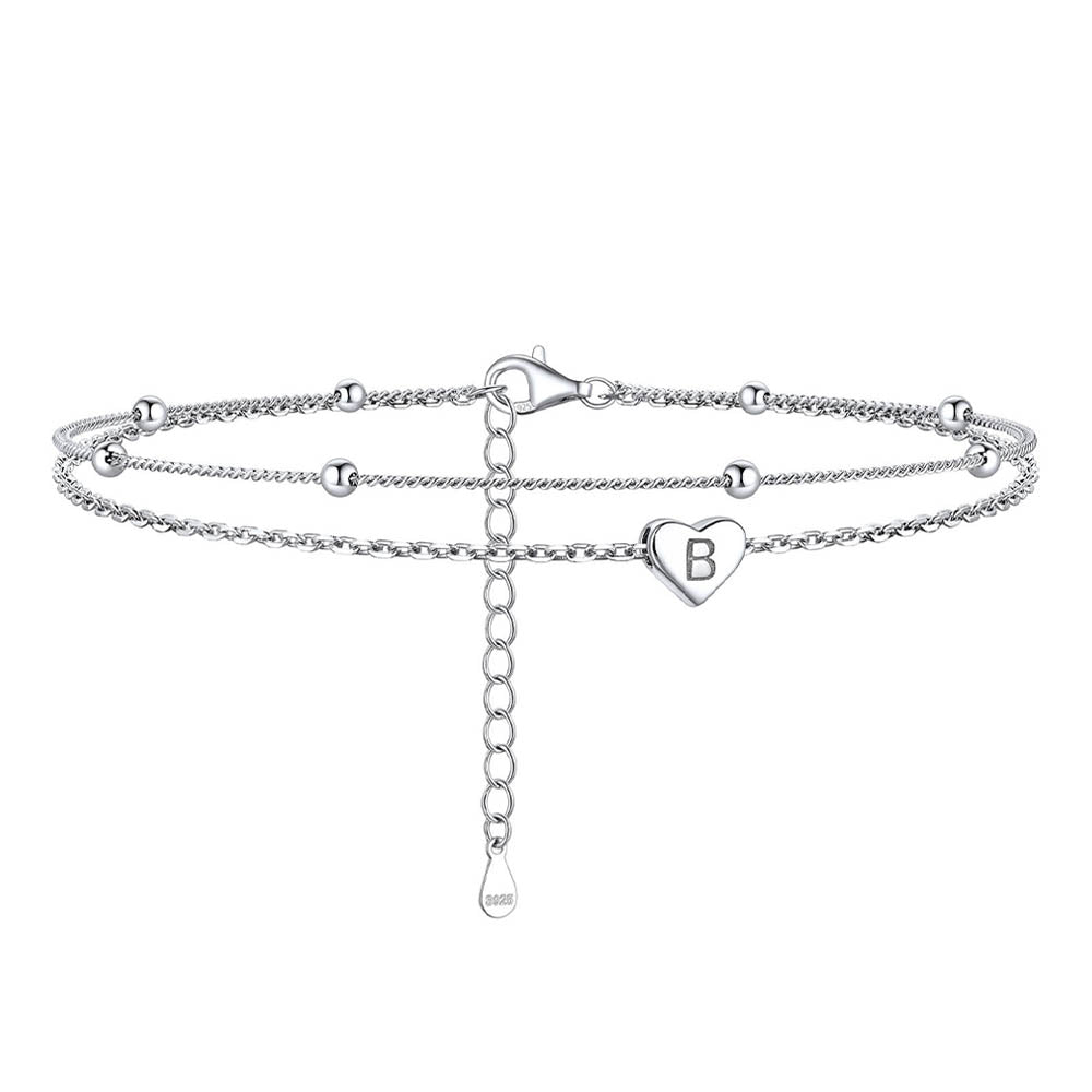 Sterling Silver A-z Initial Heart Layered Anklet for