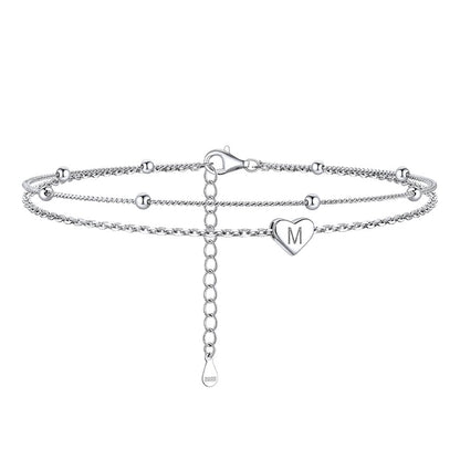 Sterling Silver A-z Initial Heart Layered Anklet for
