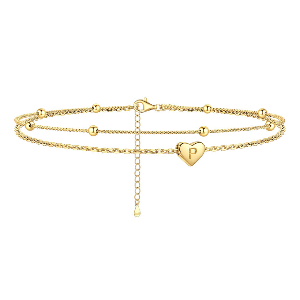 Sterling Silver A-z Initial Heart Layered Anklet for
