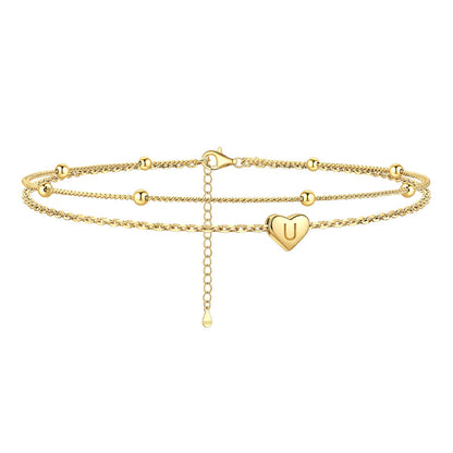 Sterling Silver A-z Initial Heart Layered Anklet for