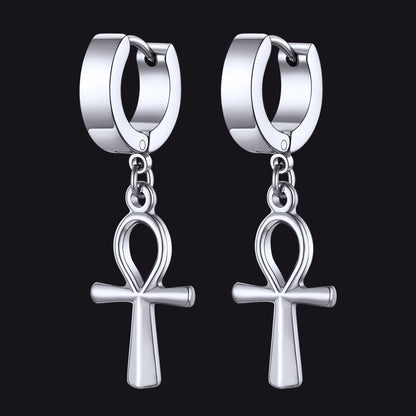 Ankh Cross Dangle Hoop Earrings for