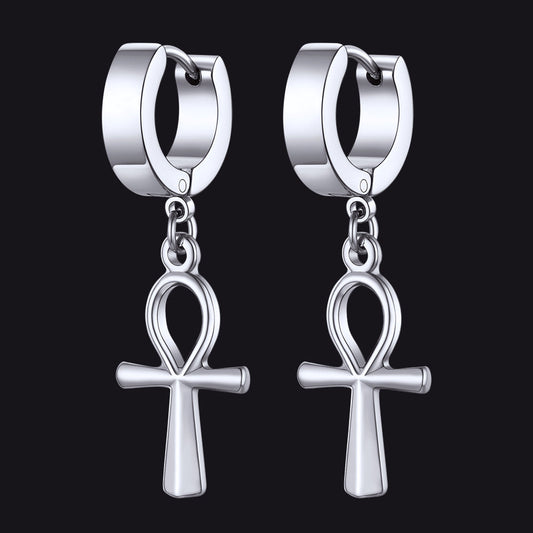 Ankh Cross Dangle Hoop Earrings for