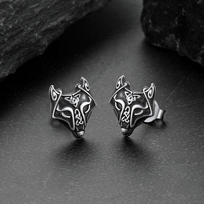 Sterling Silver Viking Celtic Wolf Stud Earrings for