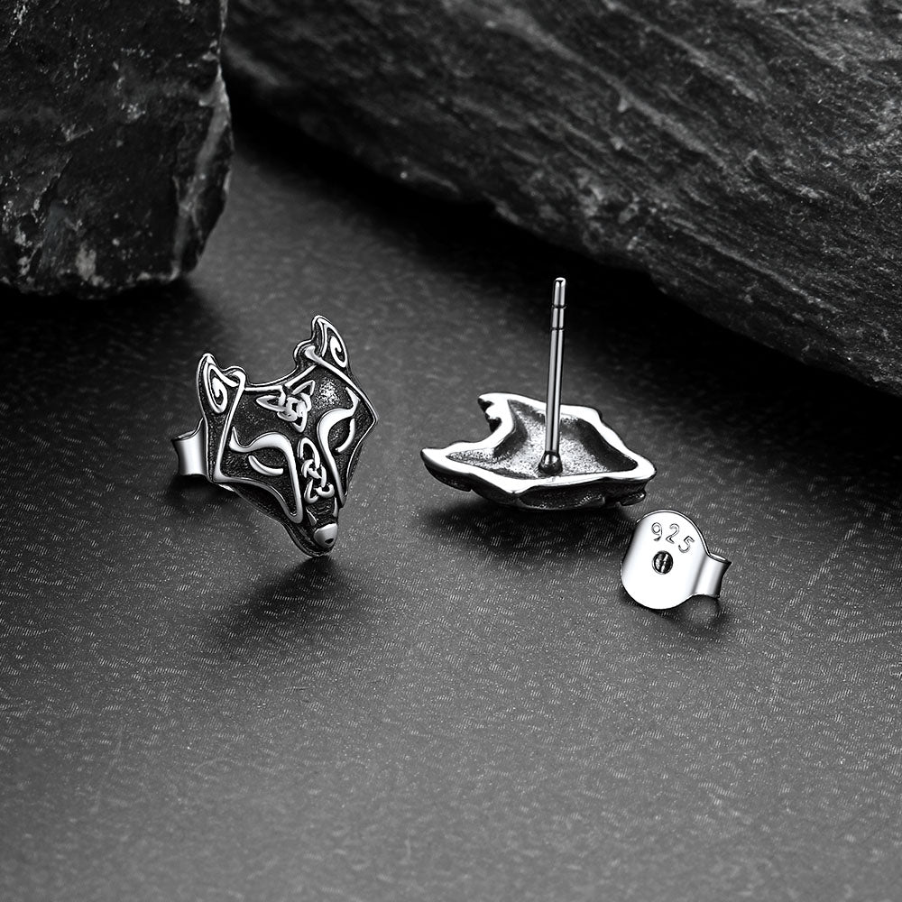 Sterling Silver Viking Celtic Wolf Stud Earrings for