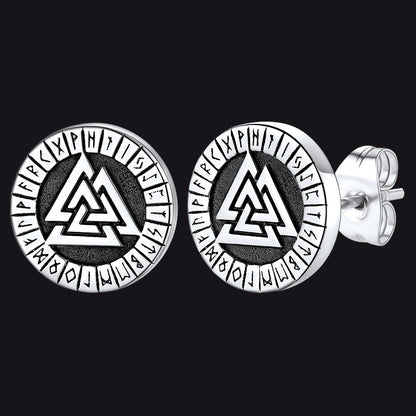 Viking Valknut Black Stud Earrings for With Runes