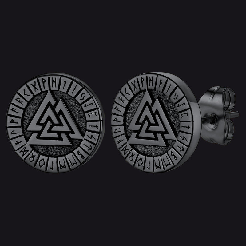 Viking Valknut Black Stud Earrings for With Runes