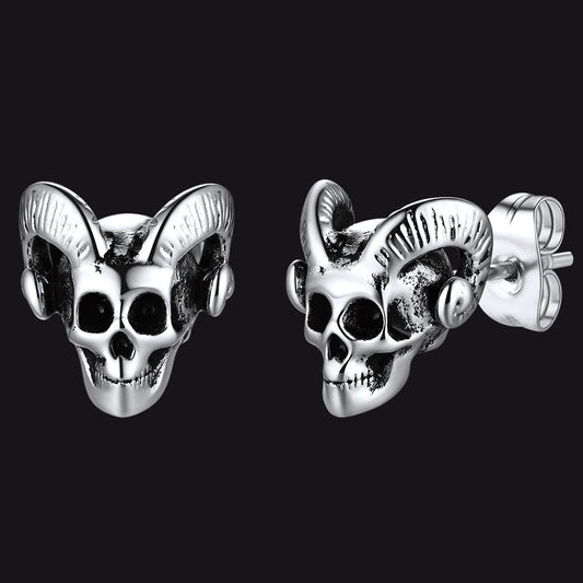 Satanic Baphomet Goat Skull Head Stud Earrings for