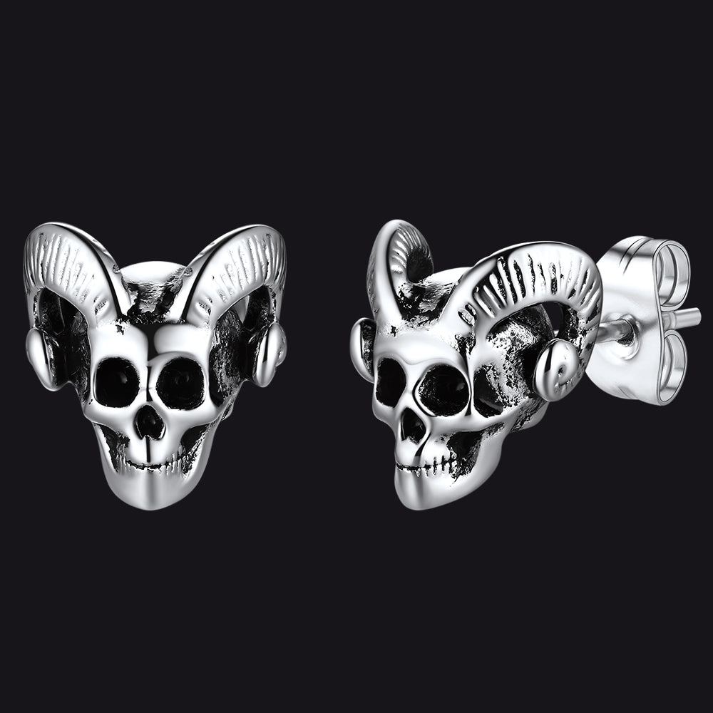 Flash Satanic Baphomet Goat Skull Head Stud Earrings for