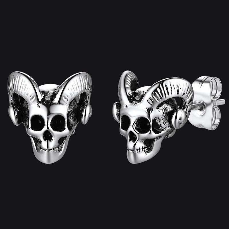 Flash Satanic Baphomet Goat Skull Head Stud Earrings for