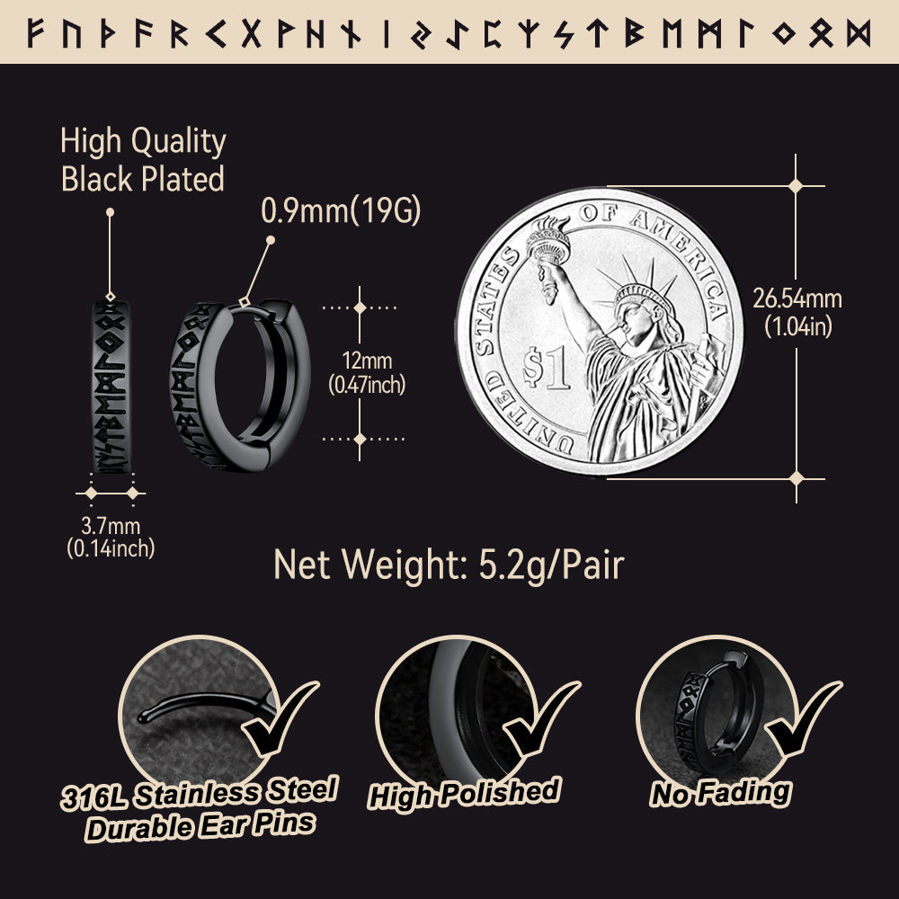 Norse Viking Runes Hoop Huggie Earrings for
