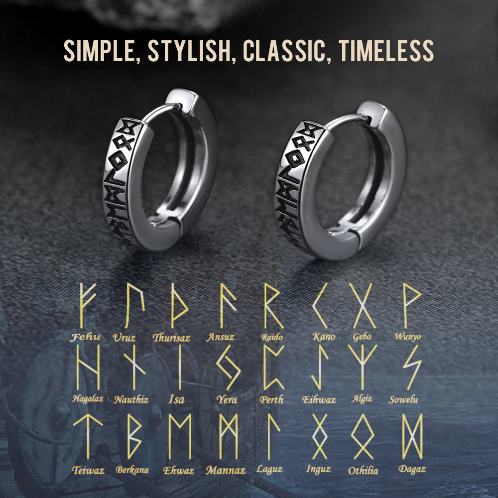 Norse Viking Runes Hoop Huggie Earrings for