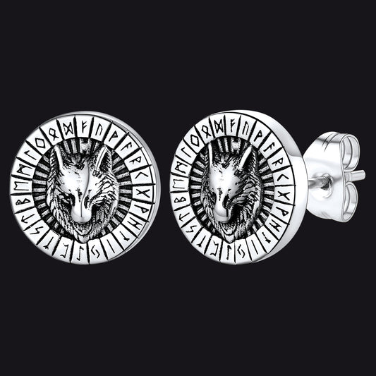 Viking Wolf Head Stud Earrings With Runes for