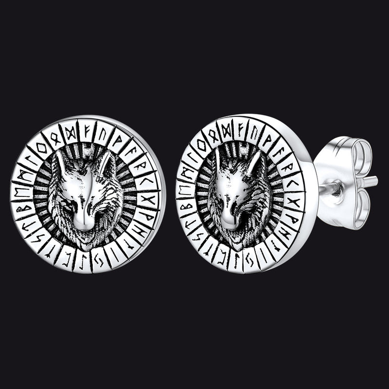 Viking Wolf Head Stud Earrings With Runes for