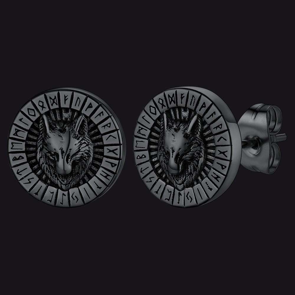Viking Wolf Head Stud Earrings With Runes for