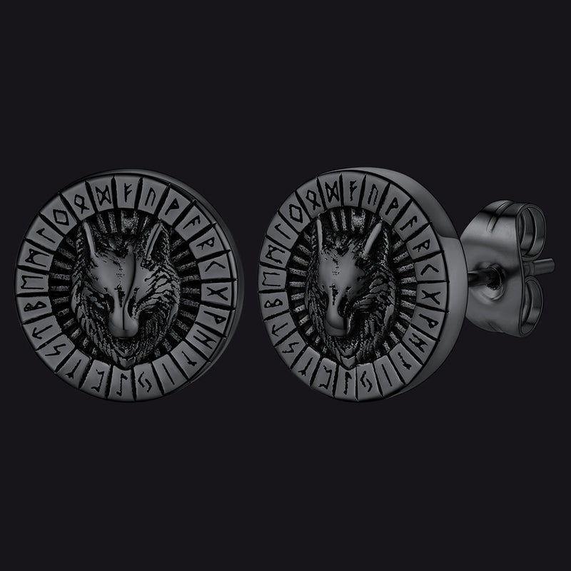 Viking Wolf Head Stud Earrings With Runes for