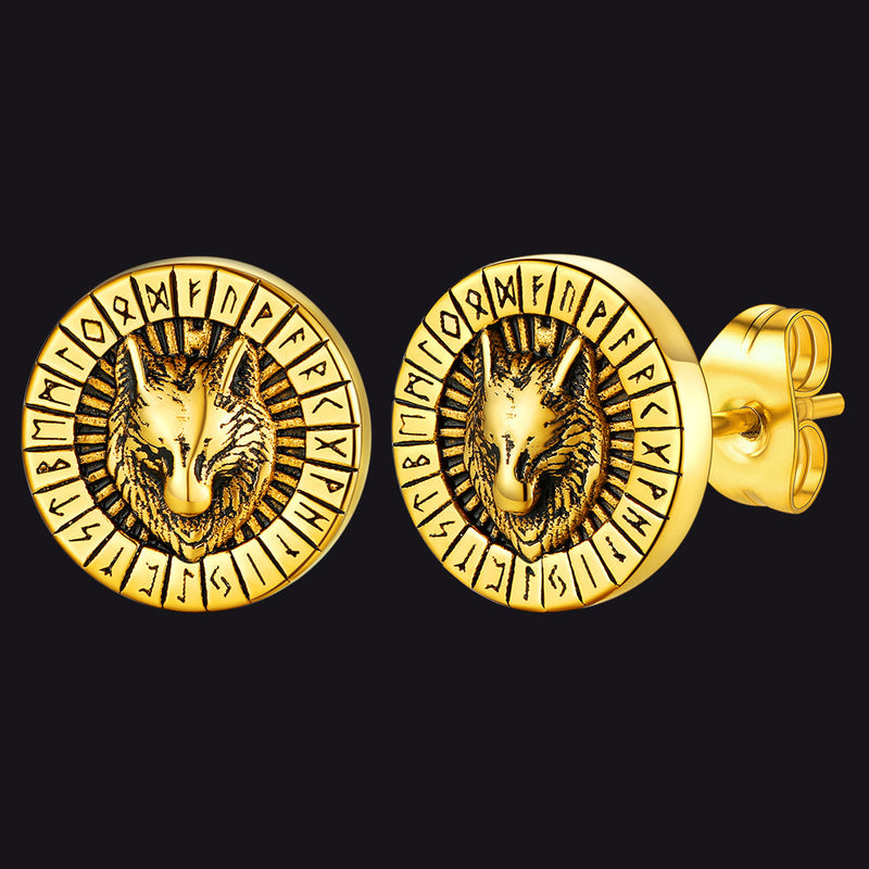Viking Wolf Head Stud Earrings With Runes for
