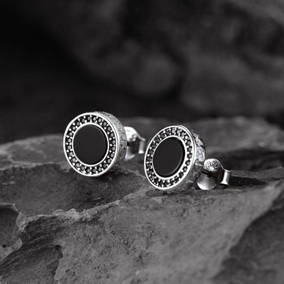 Viking Rune Black Onyx Stud Earrings in Sterling Silver for